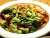 photograph picture of vegan main meal entree spicy rice porridge with squash, chestnuts, satsumaimo and green beans, accompanied by gai lan sautéed with scrupulously fresh deep-fried tofu recipes for IMBB#19