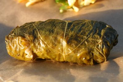 photograph picture of homemade dolmade with fresh grape leaves