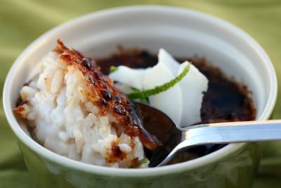 photograph picture of pseudo recipe for Coconut-Lime Rice Pudding Brulee, vegan