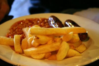 photograph picture of sausage beans and chips at the Plough Inn, Pilning, Gloucestershire, England