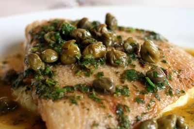 photograph picture of cornish skate wing with capers at the Old Passage Inn at Arlingham, Gloucestershire, England