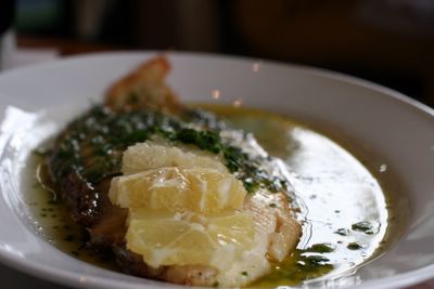 photograph picture pan-fried dover sole the Old Passage Inn at Arlingham, Gloucestershire, England