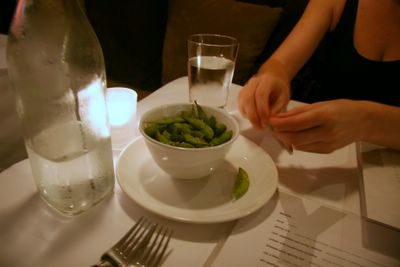 photograph picture of water and edamame. Filed under Cafe Review, San Diego, Chive, Gas Lamp