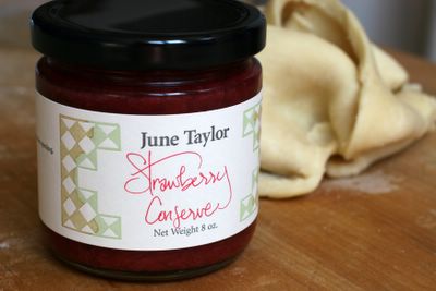 photograph picture of June taylor Strawberry Jam used in Bakewell tart baked using a recipe in Jamie Oliver's Jamie's Dinners Cookbook