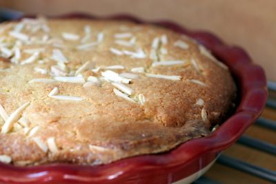 photograph picture of Bakewell tart baked using a recipe in Jamie Oliver's Jamie's Dinners Cookbook