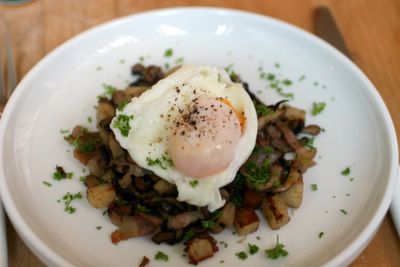 photograph picture of poached eggs on a bed of pancetta, mushrooms and croutons?