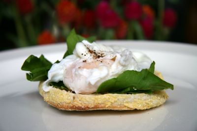 photograph picture of a homemade English muffin with a poached egg and sorrel recipe.