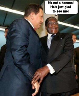 Mugabe checks out his favorite groupie, Hugo Chavez