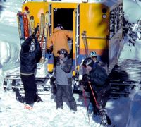 Snowcat rear loading with steps at Chatter Creek Cat Skiing
