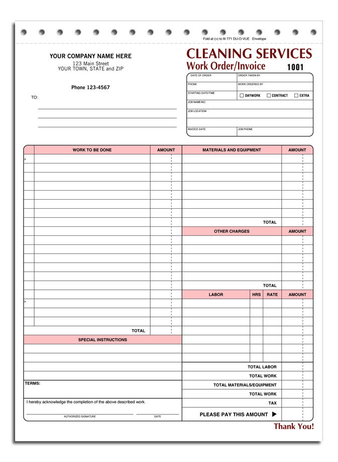Work Order Forms Cleaning Work Order/Invoices