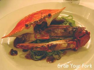 blue swimmer crab steamed with marsala on parsley linguini