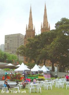 Sydney Farmers Market with St Mary's Cathedral in background