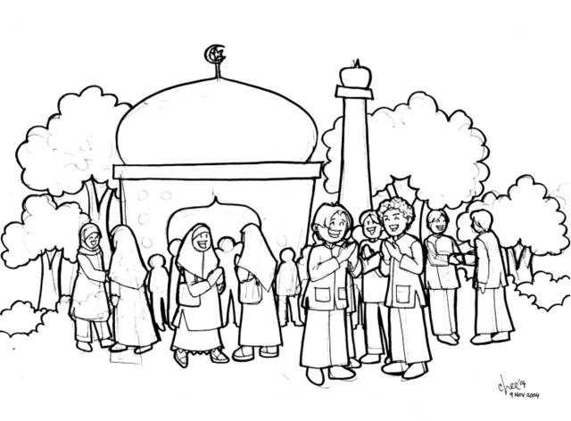 Sketsa Mewarnai Masjid Dunia Putra Putri