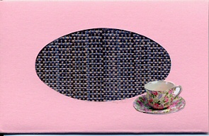 Small pink card with handwoven inset of pink & navy with teacup sticker.