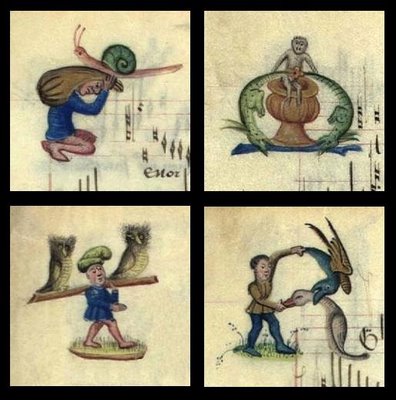 Owls, snails, goose, dragons - illuminated manuscript miniatures