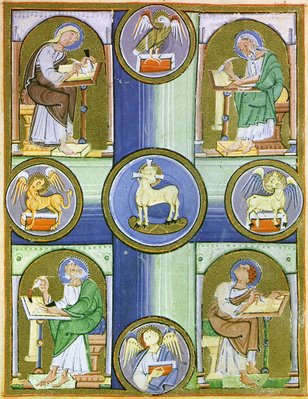 enluminure de l'Evangéliaire de Reichenau, 11ème siècle, le Christ ou l'Agneau, entouré des 4 Evangélistes