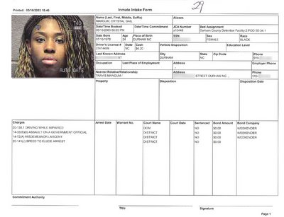 Crystal Gail Mangum - Inmate Intake form dated May 16, 2003