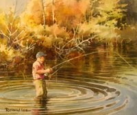 Painting of fisherman fly fishing