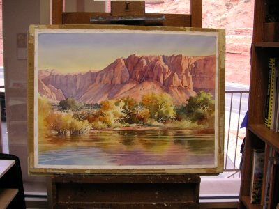 Roland Lee watercolor painting of Ivins Reservoir Kayenta