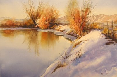 Winter Reflections 14 x 21 transparent watercolor painting by Roland Lee