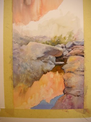 Photo 2 step by step watercolor demonstration by Roland Lee of painting of Zion Canyon