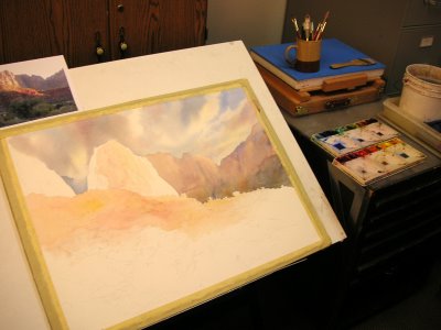 Demonstration Roland Lee painting of Zion National Park,5 minutes of Fame, 12 x 29