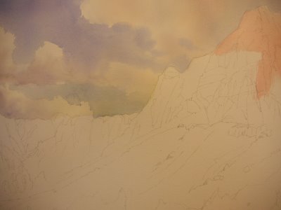 Step by step painting technique of Roland Lee. Watercolor of Kayenta Utah