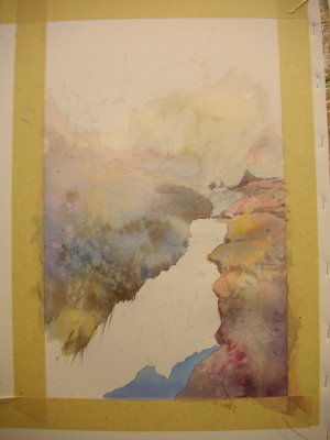 Photo 1 step by step watercolor demonstration by Roland Lee of painting of Zion Canyon