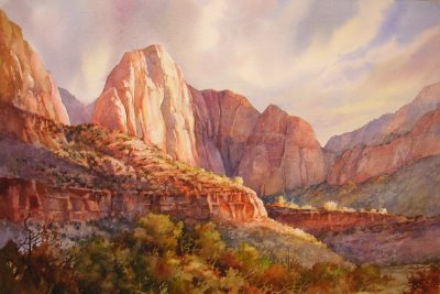 Roland Lee painting of Zion National Park,5 minutes of Fame, 12 x 29