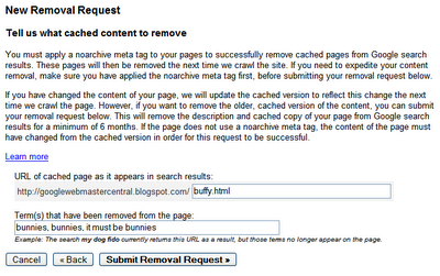 Filing a removal request for cached content in Webmaster Tools