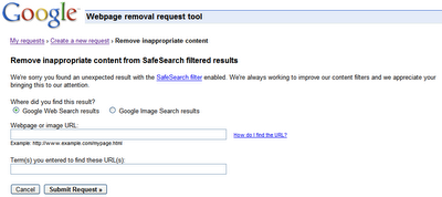 Remove inappropriate content in the Webpage removals request tool