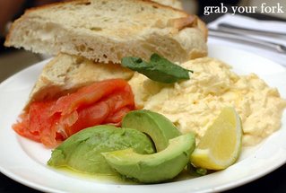 gravlax salmon, avocado and scrambled eggs