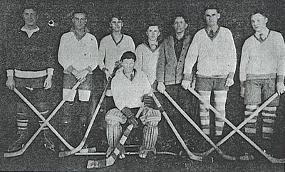 Left to Right: Jim Gooselaw, Fred Stranger, Allen Smith, Roy Clow, Manuel Gooselaw, Cecil Smith, Billy MacKay; Goalkeeper (seated), Ralph Cameron