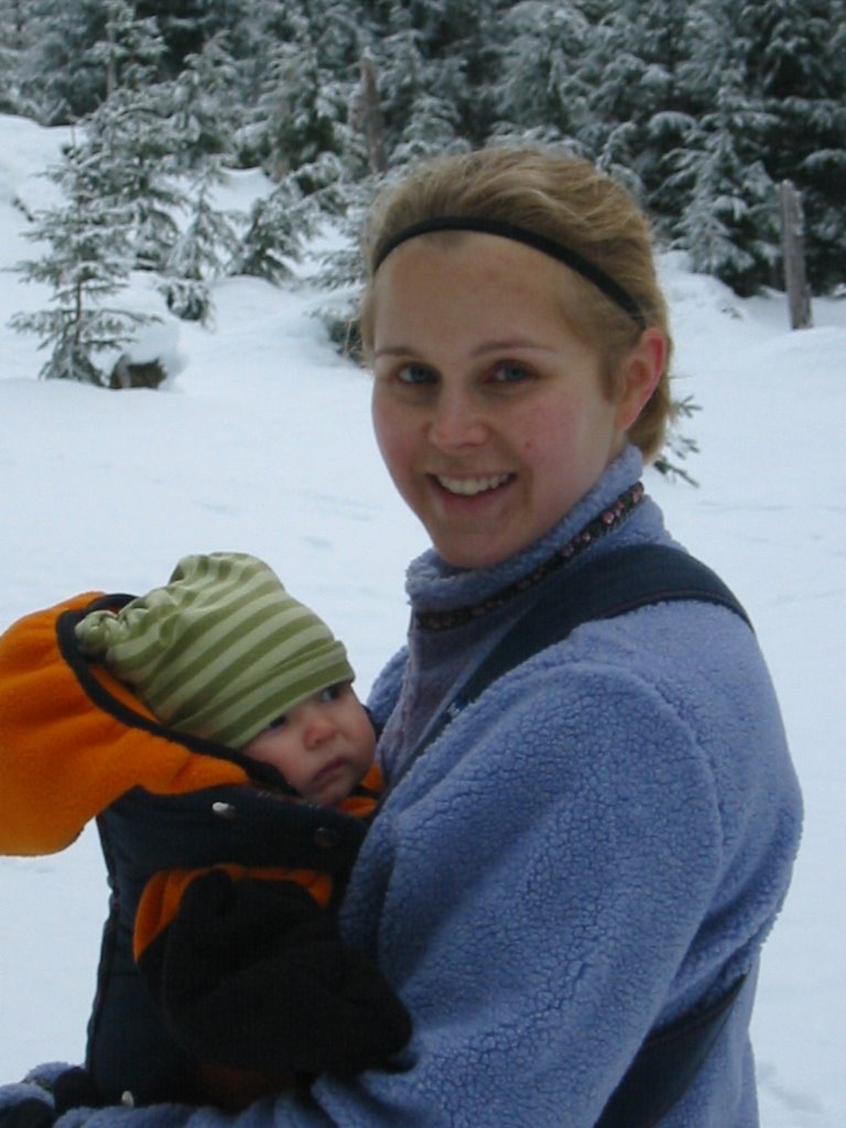 Jen with bundled baby
