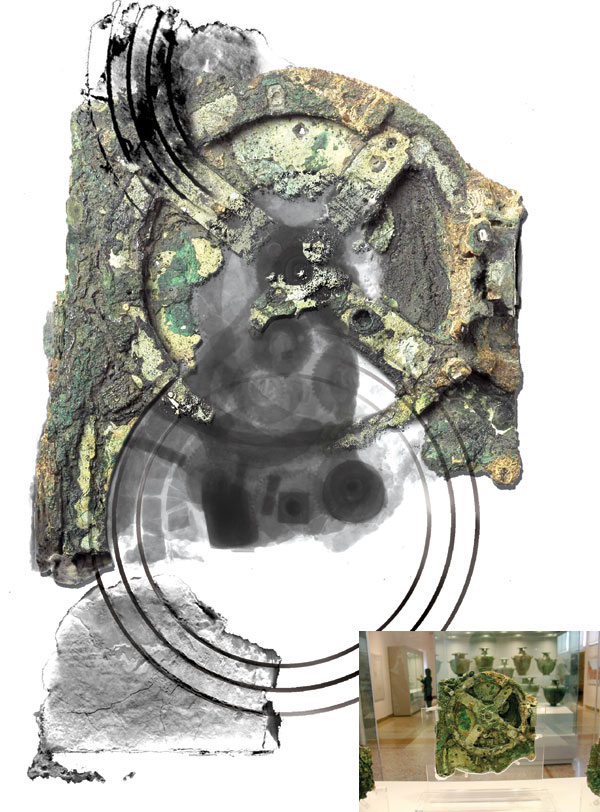 Antikythera Mechanism as it appears today, with x-rays superimposed; from Jo Marchant's 'In search of lost time' (Nature)