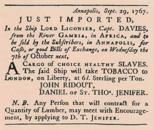 Advertisement in the October 1, 1767 Maryland Gazette Newspaper, announcing the arrival of the slave ship.