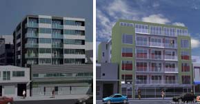 Old and new versions of the building planned for 140-144 Vivian St, Wellington