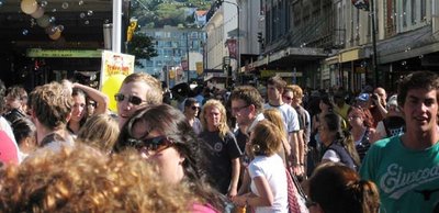 crowds spilling over from the Swan Lane area during the Mint Chicks' gig at the Cuba St Carnival