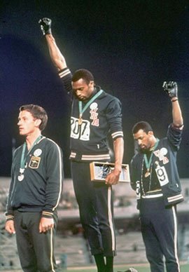 Tommie Smith at the top of the podium, Mexico City, 1968.