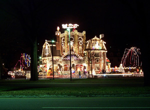 photo of Christmas lights on the Arborway, Jamaica Plain