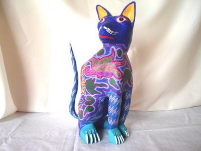 For gifts, collectibles, arts and Mexican crafts, visit Pale Horse Galleries, http://palehorsemex.vstore.ca/, Gato Azul Sentantodose -- Blue Cat Takes A Seat by Felipe and Lucila Zarate.