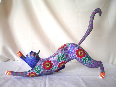 For gifts, collectibles, arts and Mexican crafts, visit Pale Horse Galleries, http://palehorsemex.vstore.ca/, Gato Azul Extendiendose -- Blue Cat Stretching by Felipe and Lucila Zarate.