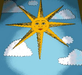 A mural of a bright yellow sun against a blue sky background