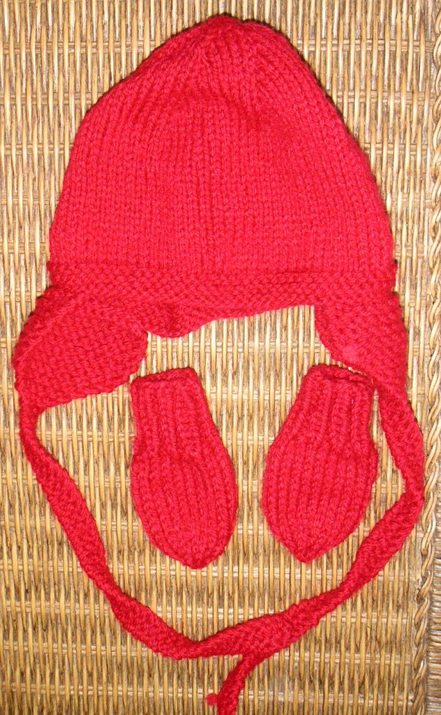 red earflap hat and mittens