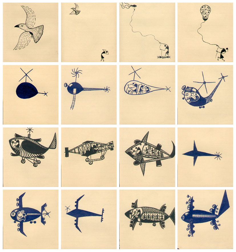 shantaram tumbada, flying story, 1995, 25 inks on paper, 23x21 cm