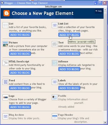 Blogger beta: Choose a new page element