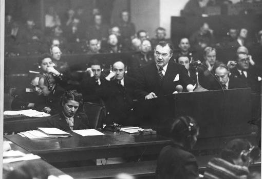 Justice Jackson argues for United States December 1945 Nuremburg Germany