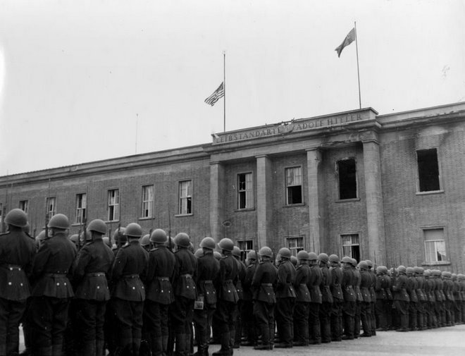 US Flag raised over Berlin, Germany Hitler Barracks July 4, 1945