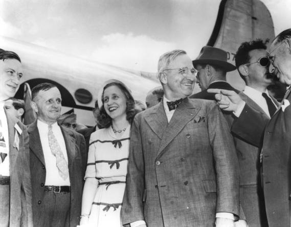President Truman upon landing at Fairfax Airport Kansas City, Kansas June 27, 1945