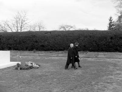 President Truman and Elenor Roosevelt having laid flowers at FDR"s grave
